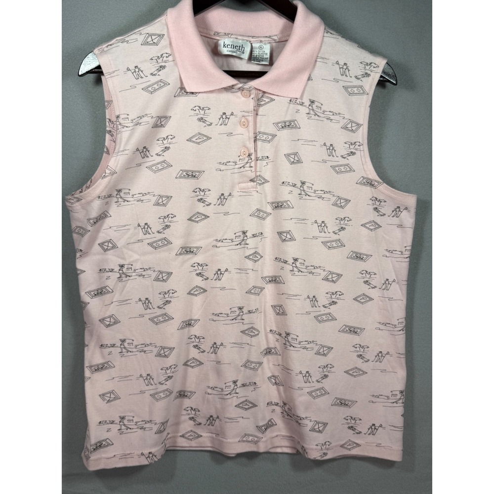 Keneth Casuals Vintage Pink Sleeveless Golf Polo Shirt XL Novelty Print Cotton